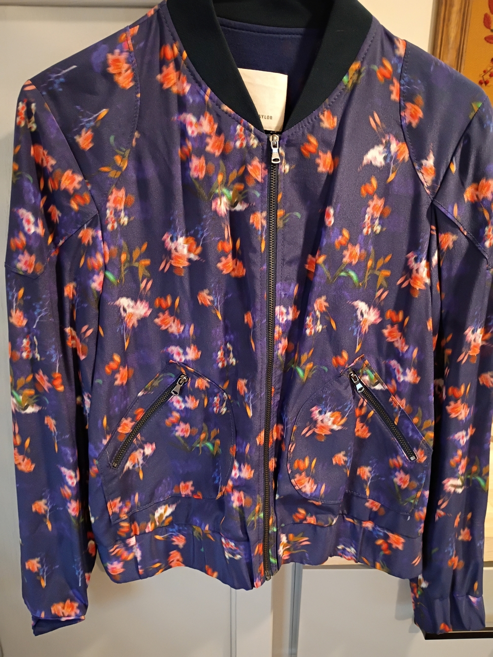 Rebecca Taylor Navy Floral Bomber Jacket with Orange Pink Accents